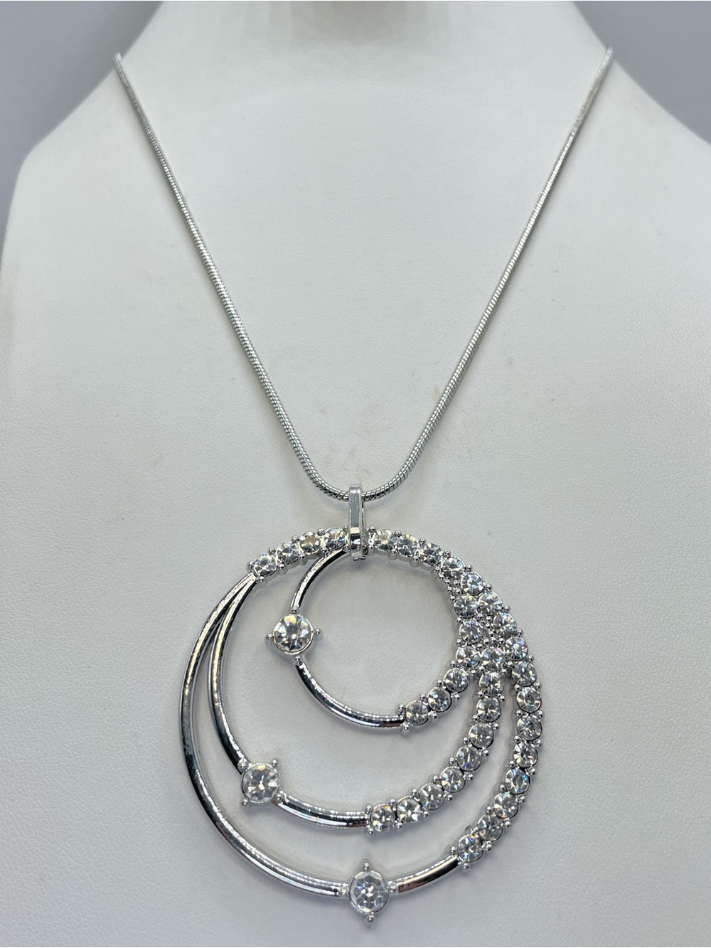 Silver Clear Crystal Spiral Pendant Necklace Elegant Statement Elegant